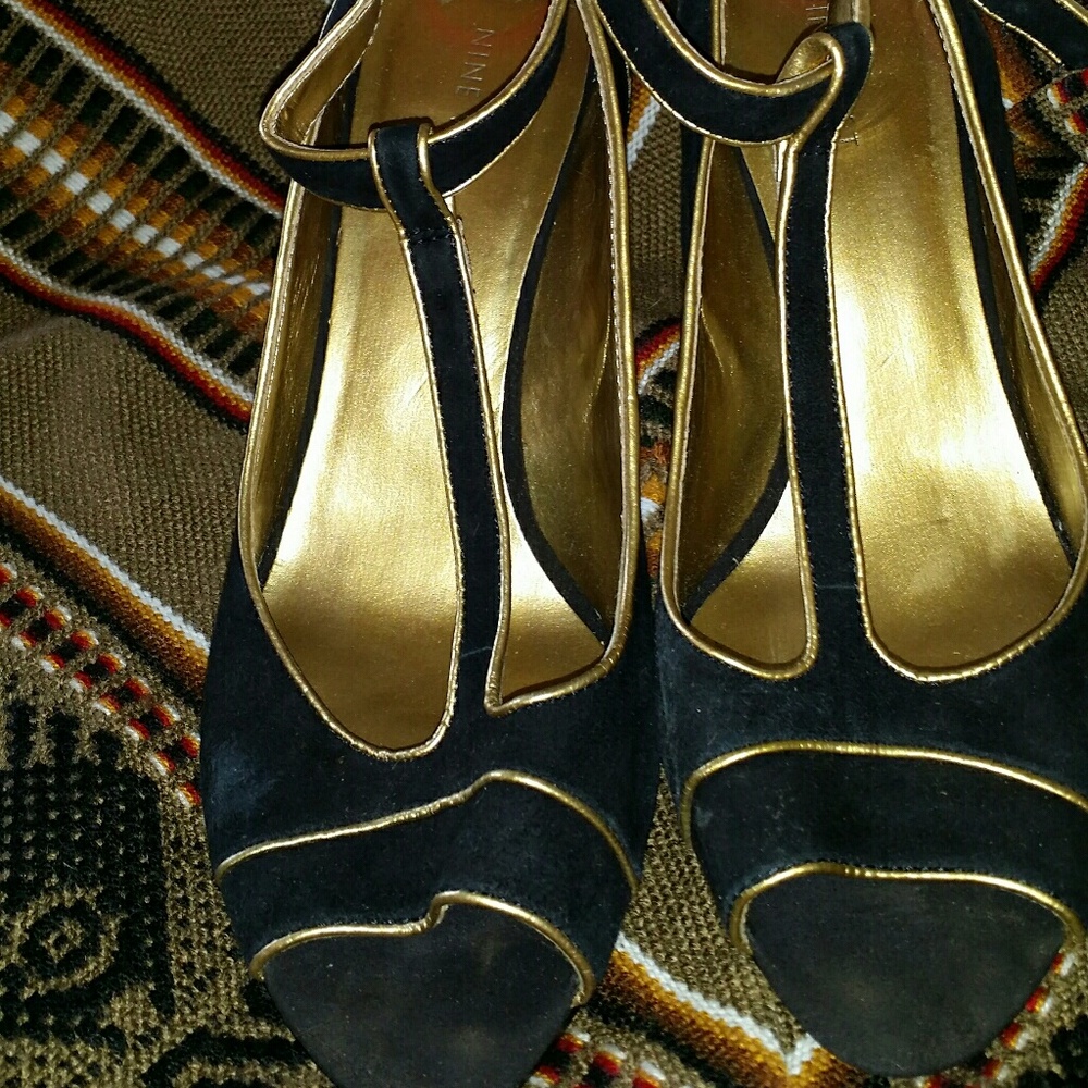 Vintage gold leather & black suede tstrap heel